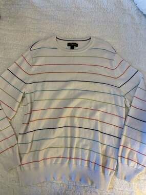 Club Room Men's 100% Cotton Crewneck Sweater Multi-Color Striped White Medium